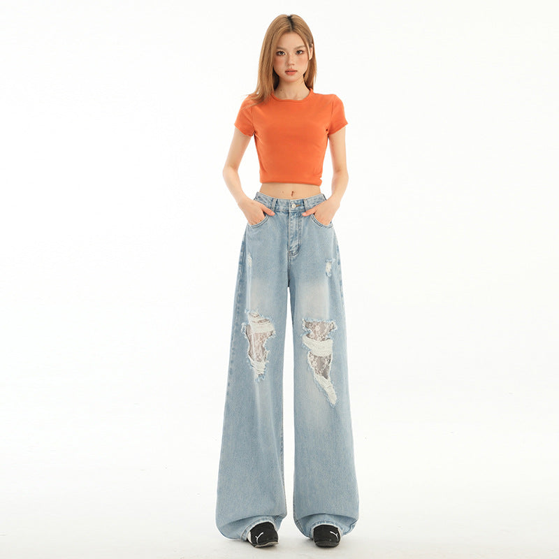 Light Wash Distressed Denim Pants for Women with Lace Splicing - Loose Fit Style, Straight Leg, Wide Leg Trousers