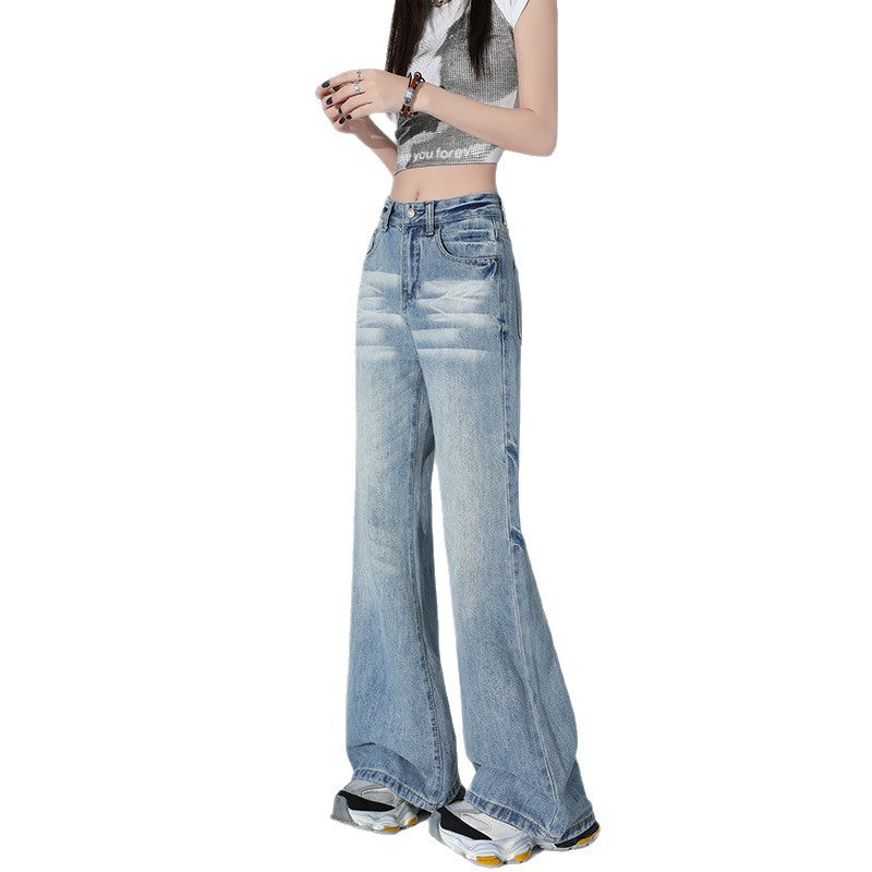 Women's Distressed Wide-Leg Flared Denim Pants - High-Waisted Floor-Length Trousers