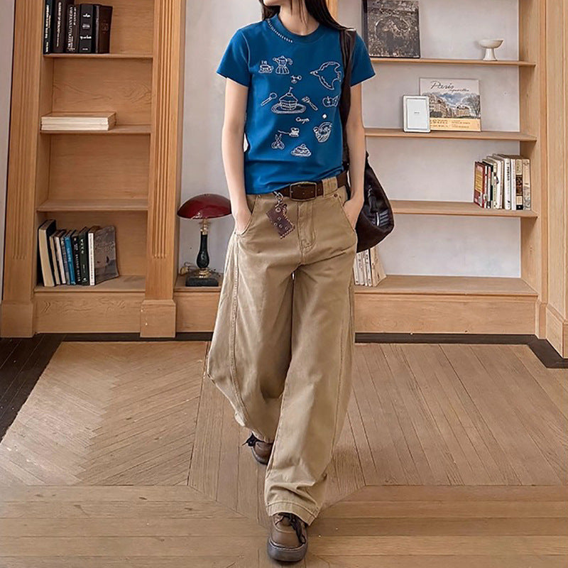 Spliced Wide-Leg Jeans with Vintage Design and Water-Washed Cutting for Women