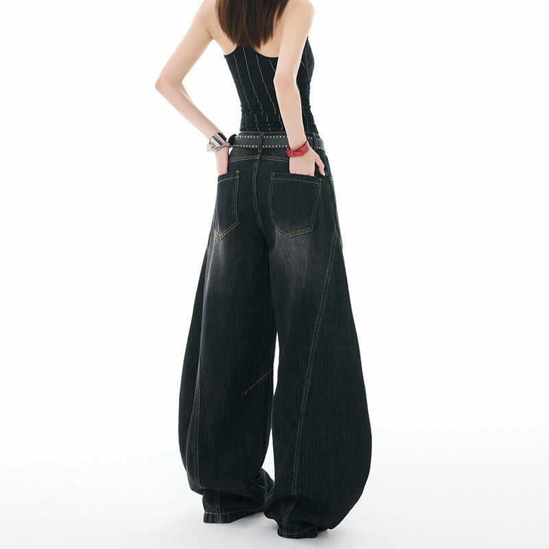 Retro Distressed Slash Jeans for Women - Casual Wide Leg Denim Pants