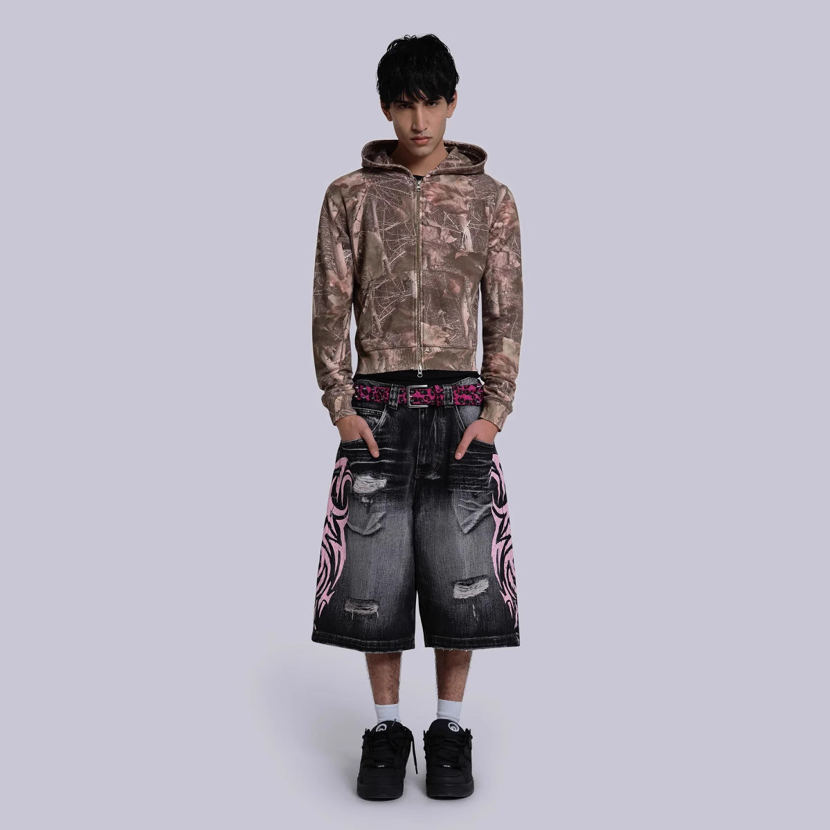 Trendy High Street Denim Shorts - Jaded Same Style Totem Print Ripped Wide Leg Pants