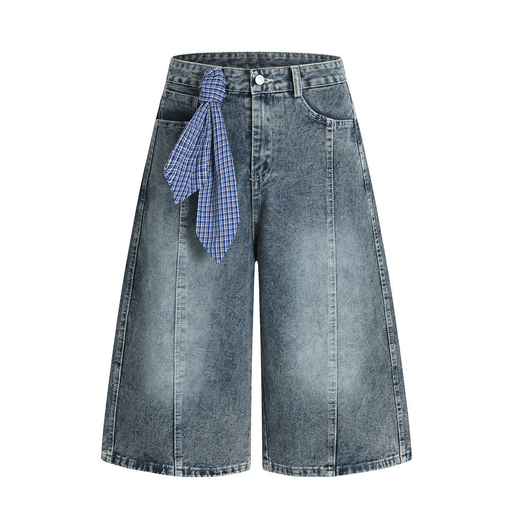Punk Washed Distressed Denim Shorts for Men with Plaid Belt and Contrast Pockets