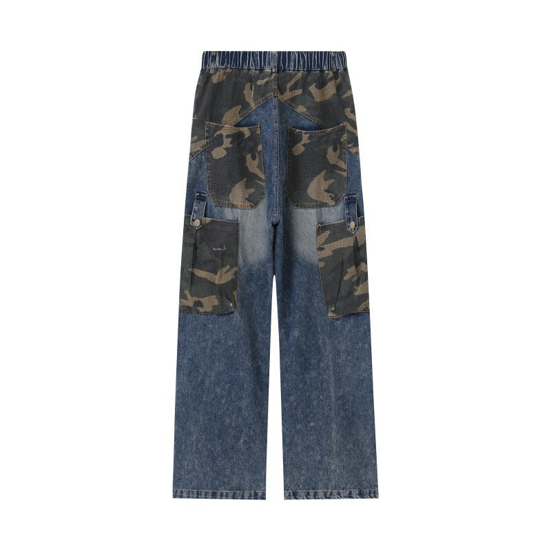 Washed Vintage Camouflage Spliced Straight Leg Wide Leg Denim Pants