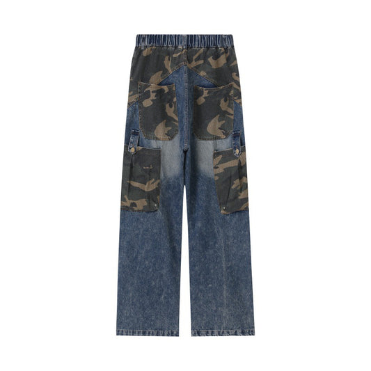 Washed Vintage Camouflage Spliced Straight Leg Wide Leg Denim Pants