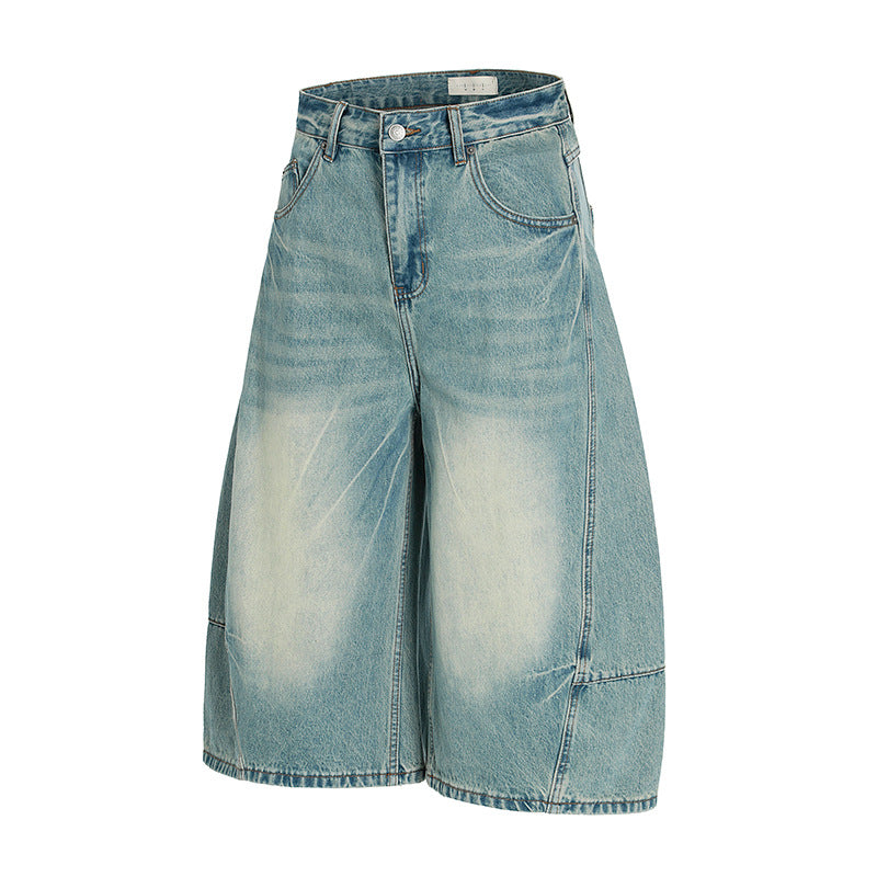 Three Dimensional Cutting Washed Curved Knife Denim Shorts