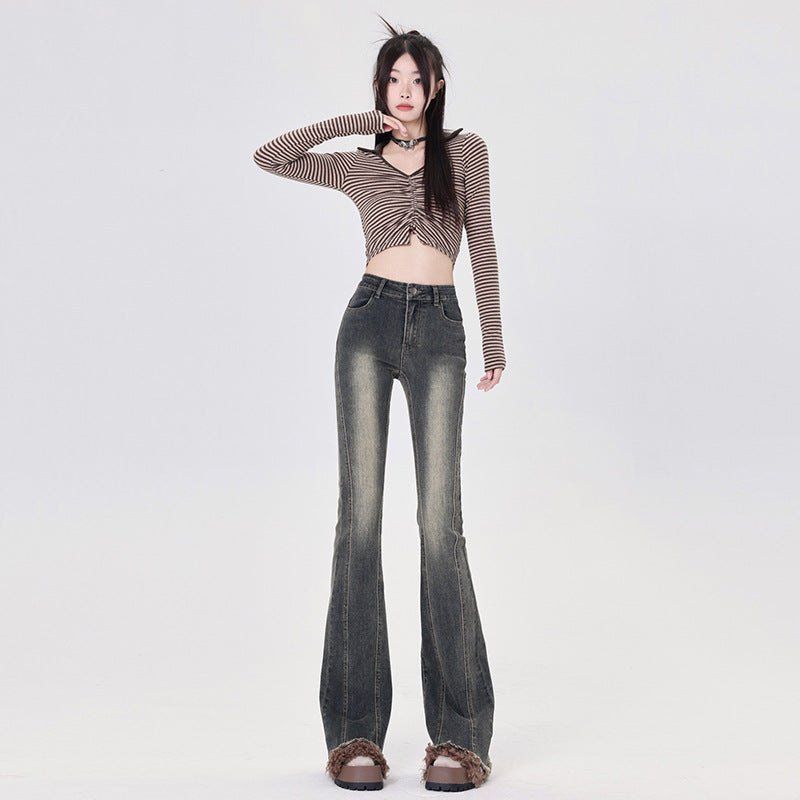 Women's Flared Denim Pants - Drape Slim Wide-Leg Floor-Length Trousers