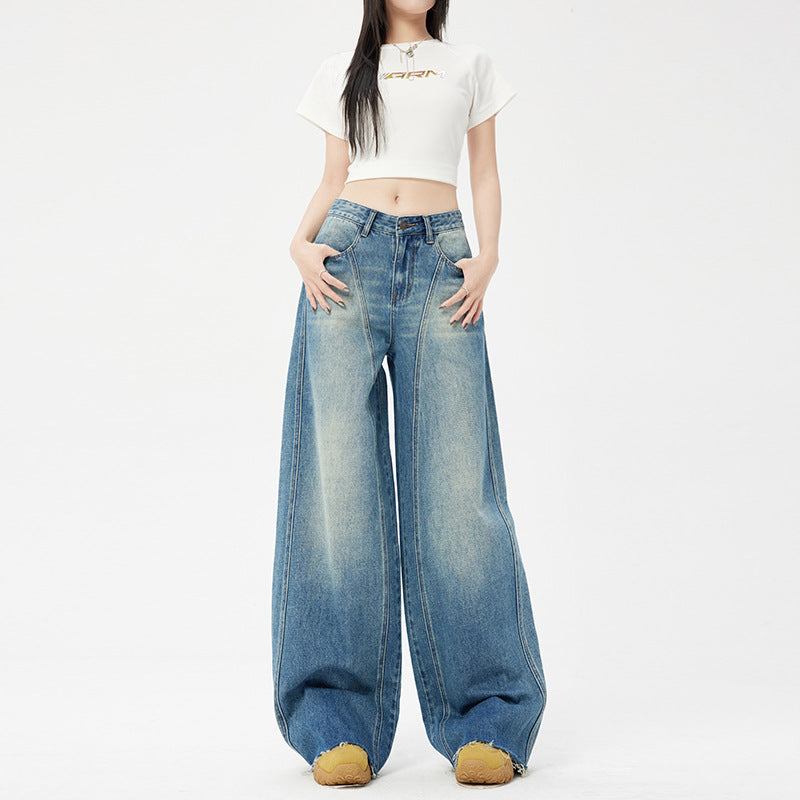 Women's Blue Wide-Leg Scissors Denim Pants - Loose Drape Floor-Length Trousers
