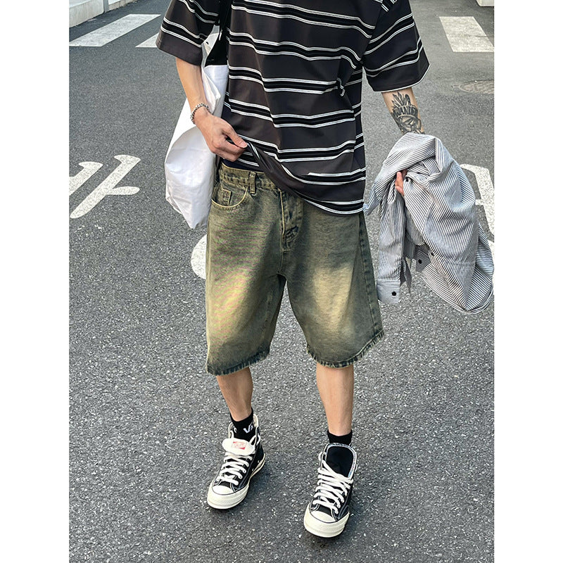 Blue Denim Casual Loose Five-Quarter Shorts for Men