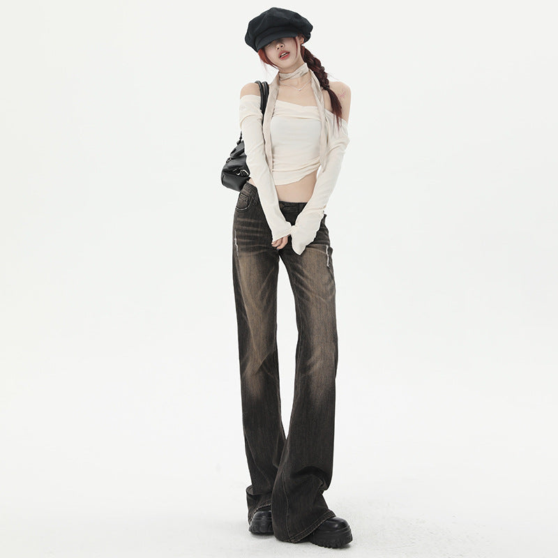 Women's Grey Brown Spicy Girl Flare Denim Pants - Low Waist Flared Trousers