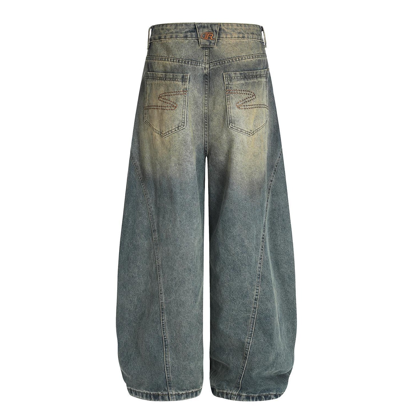 Vintage Curved Jeans with Retro Deconstruction Design