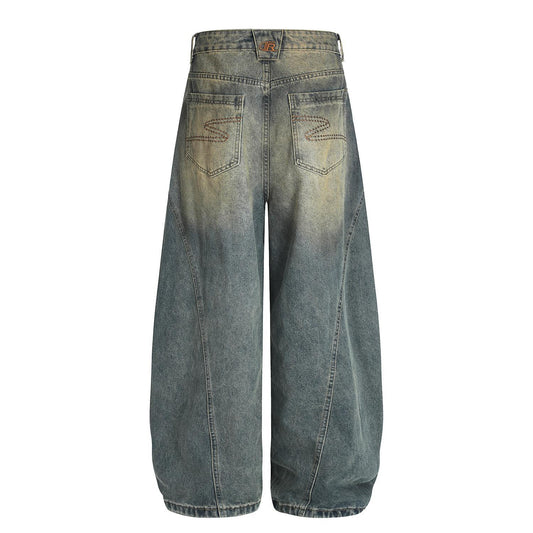 Vintage Curved Jeans with Retro Deconstruction Design