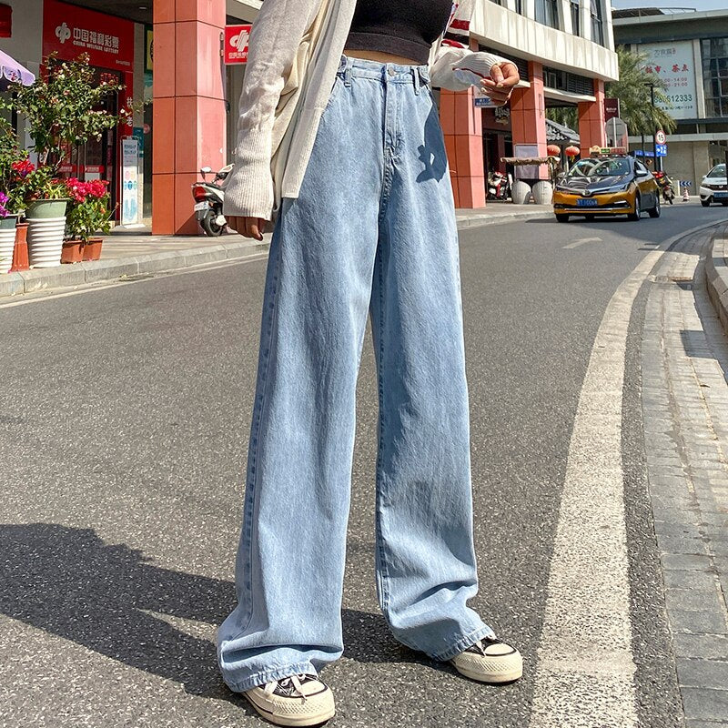 High Waist Wide Leg Denim Jeans for Women - Vintage Blue Streetwear