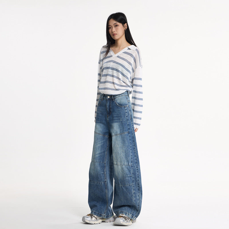 Washed Cracked Knife-Edge Denim Pants for Women - Loose Casual Wide-Leg Design