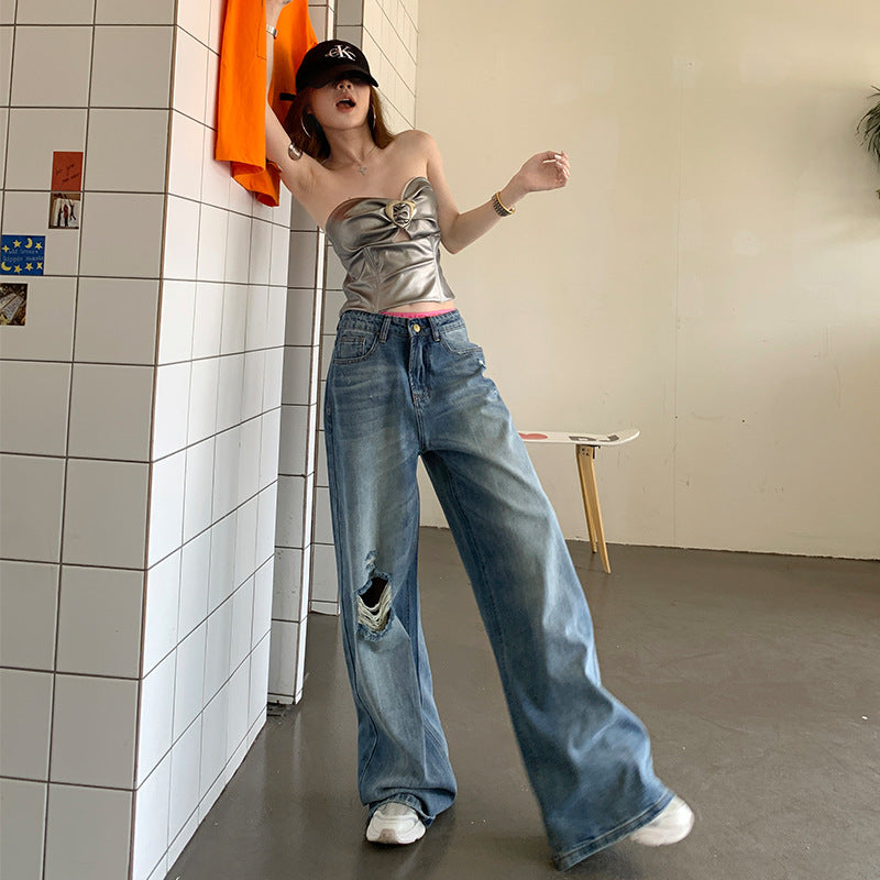 High-Waisted Spicy Girl Distressed Denim Pants for Women - Water Washed Straight Leg Slimming Trousers