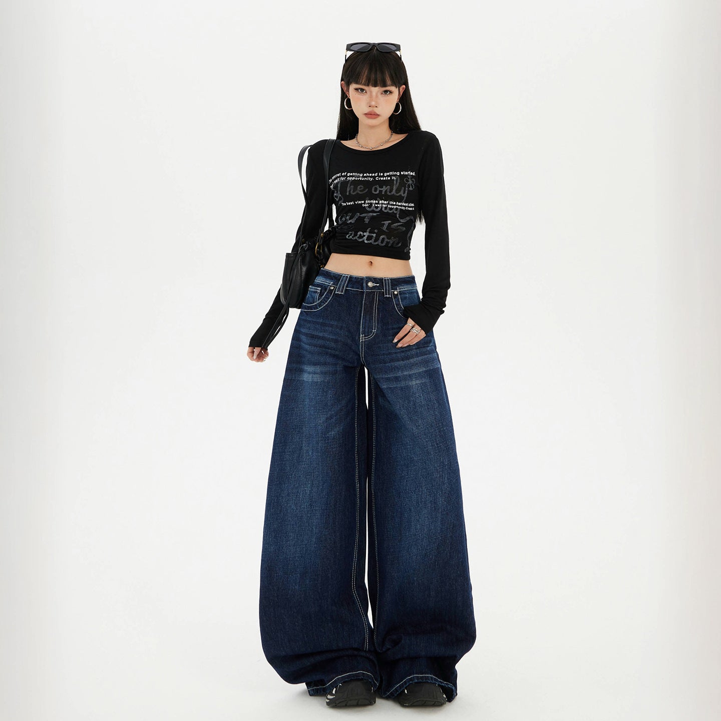 Women's Dark Blue High-Waist Wide-Leg Jeans