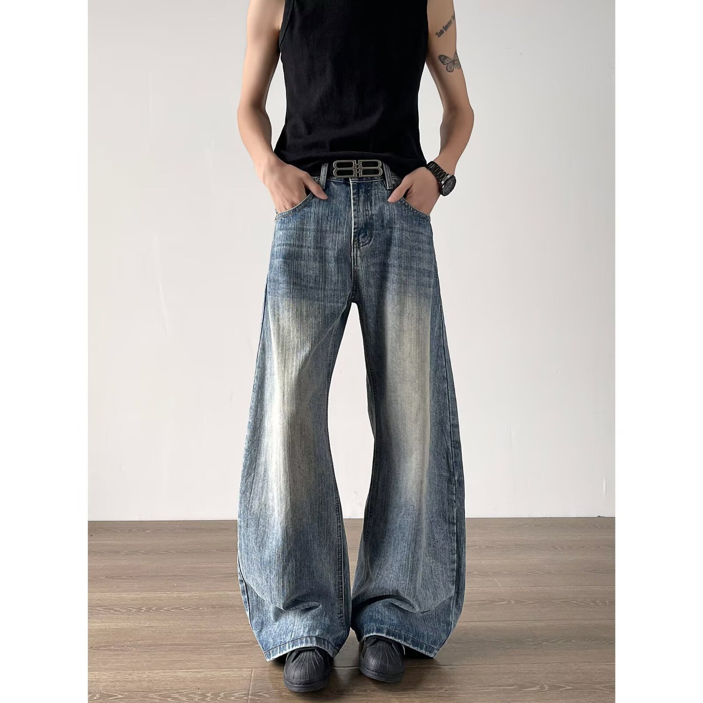 Bamboo Patterned Curved Knife Jeans - Loose Retro Washed Silhouette