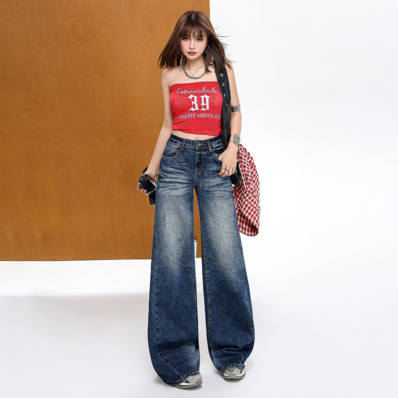 High Street Wrinkled Denim Pants for Women - Loose Drape Wide-Leg Trousers