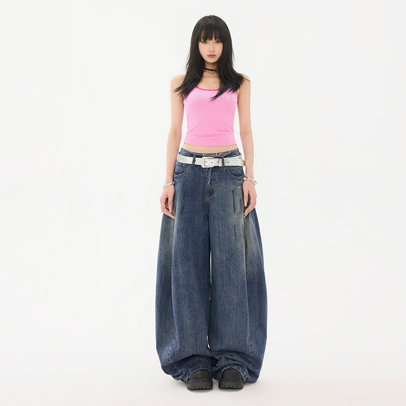 Women's Washed Distressed Mid-Waist Wide-Leg Pants Scissors Denim Trousers