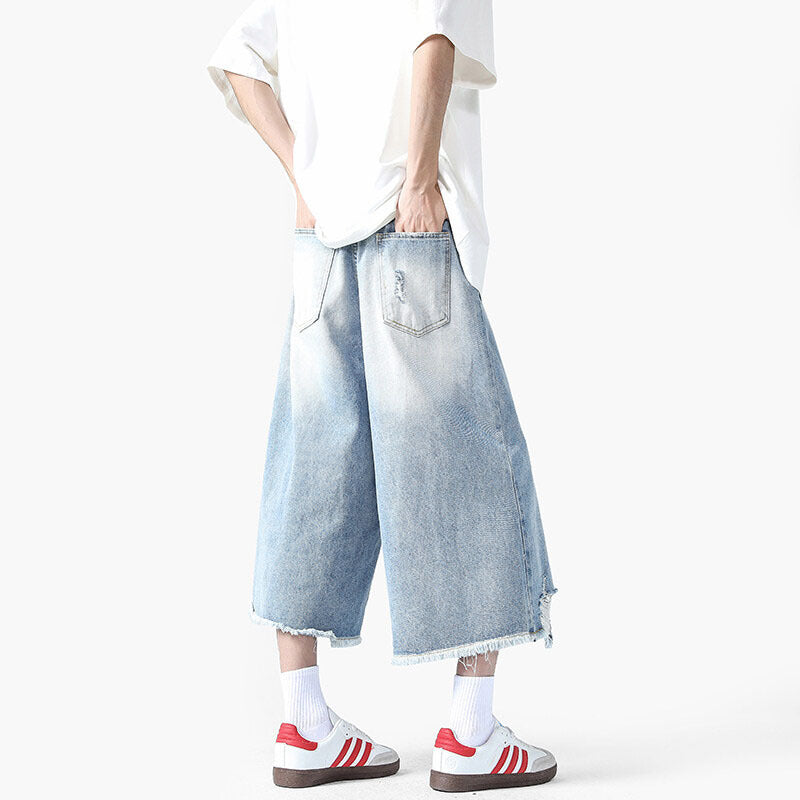 Light Blue Washed Ripped Denim Seven-Inch Loose Pants