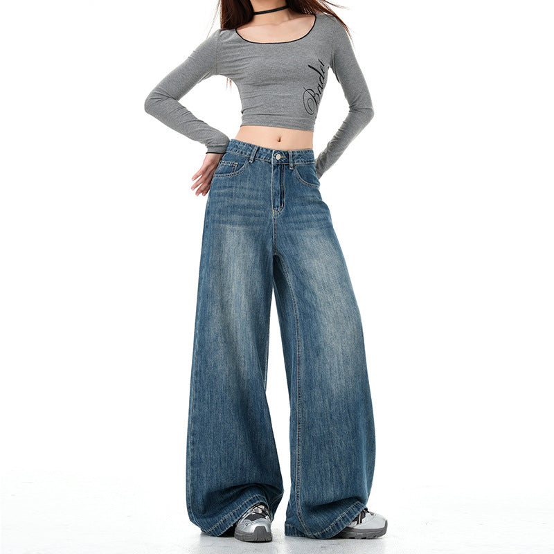 Vintage Blue Wide-Leg Jeans for Women - High Street High-Waist Slimming Loose Straight Ankle-Length Pants