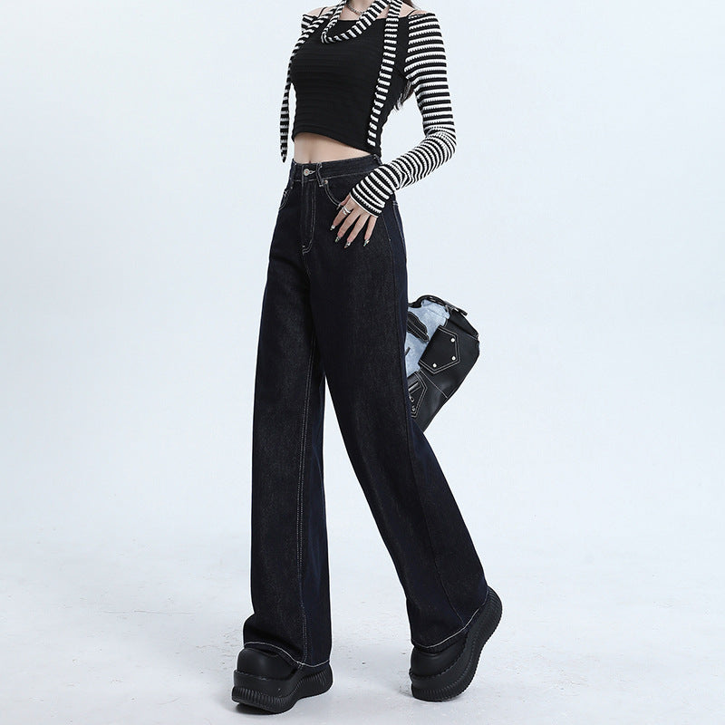 Women's Deep Blue Wide-Leg Slimming Jeans High-Waisted Loose Straight Pants
