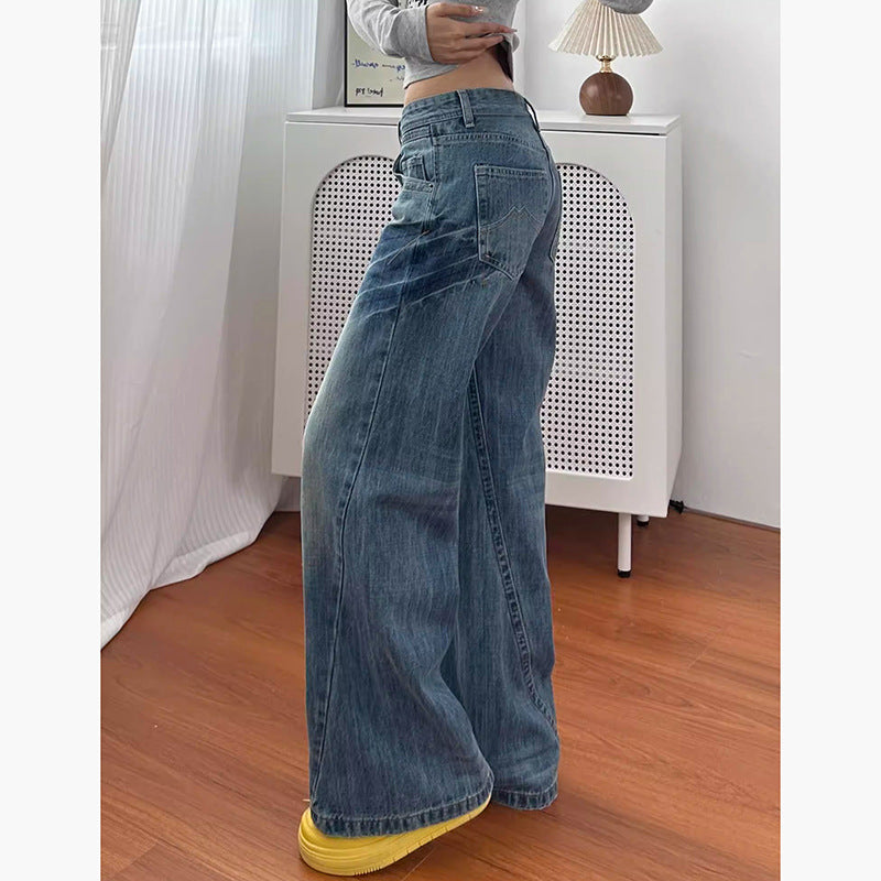 Neutral Personality Sweet Cool Washed Flared Low Waist Denim Pants for Women