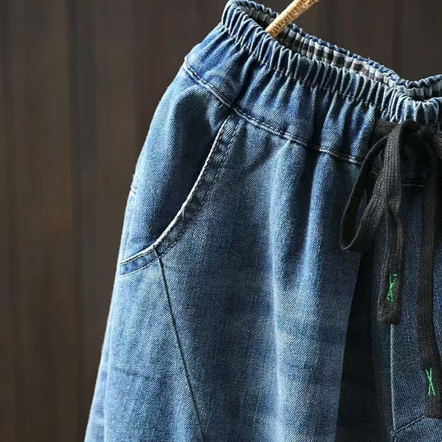 Thin Blue Denim Harem Pants for Women - Loose and Slimming Casual Nine-Point Pants