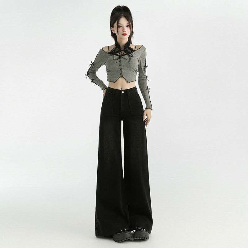 Wide-Leg Denim Pants for Women - Low Waist Loose Flared Trousers
