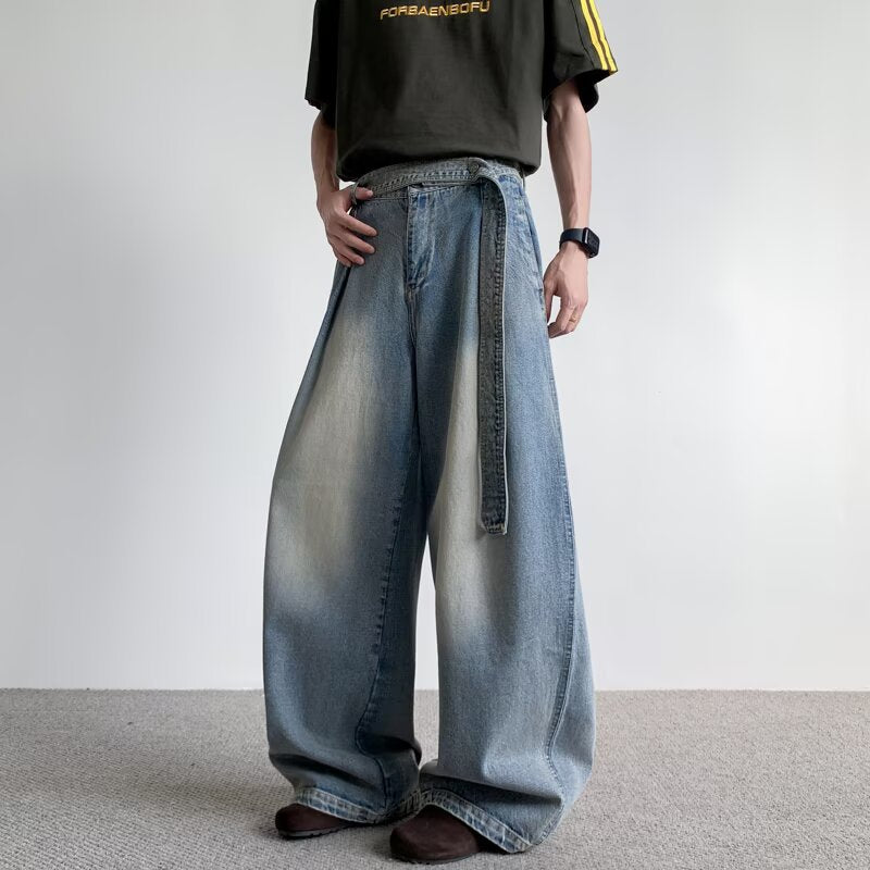 Strap Silhouette Wide Leg Curved Waist Belt Straight Leg Jeans