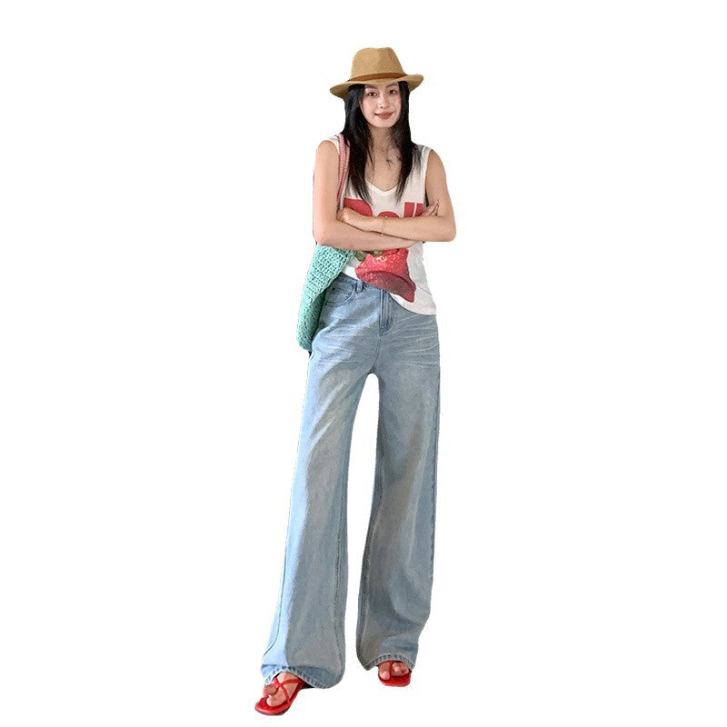 Retro Light Blue Wide-Leg Jeans for Women - Loose Drape Floor-Length Pants
