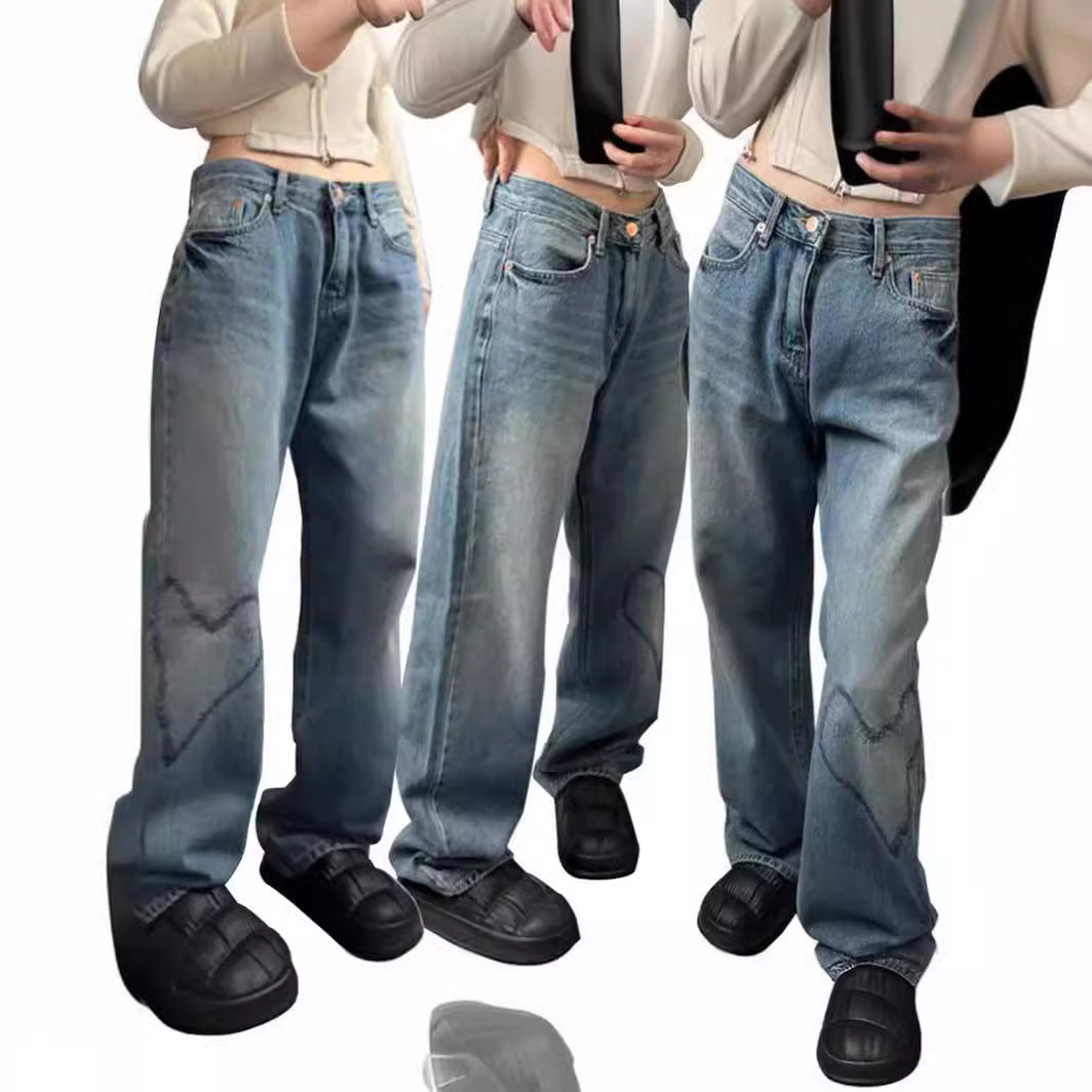 Loose Heart-Shaped Embroidered Wide Leg Jeans for Women