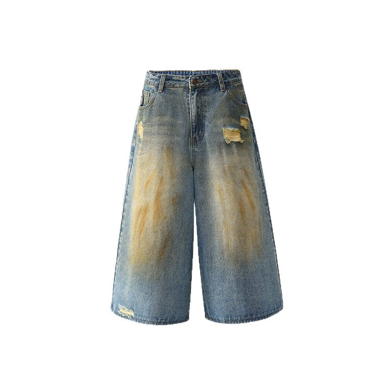 Vintage Wear and Tear Denim Shorts - 7 Inch Loose Wide Leg Pants