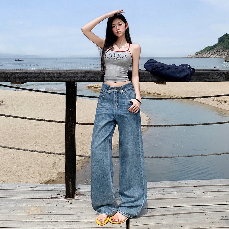 Women's Summer Slim Fit Straight Leg Jeans - Wide Leg Design