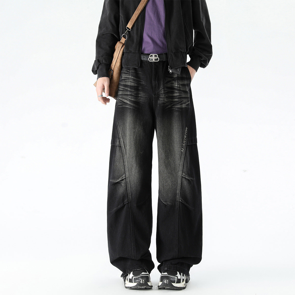 Men's Patchwork Straight Leg Work Pants – Premium Loose Fit Denim