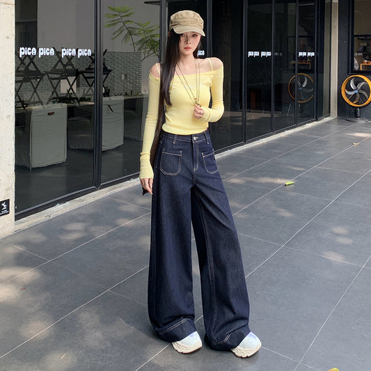 High-Waist Wide-Leg Denim Jeans for Women – Slimming Dark Blue Trousers