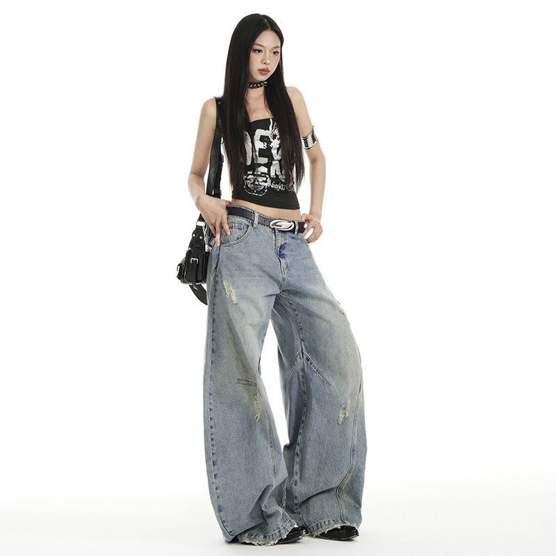Retro Distressed Deconstructed Wide-Leg High-Waist Casual Loose Tapered Jeans for Women