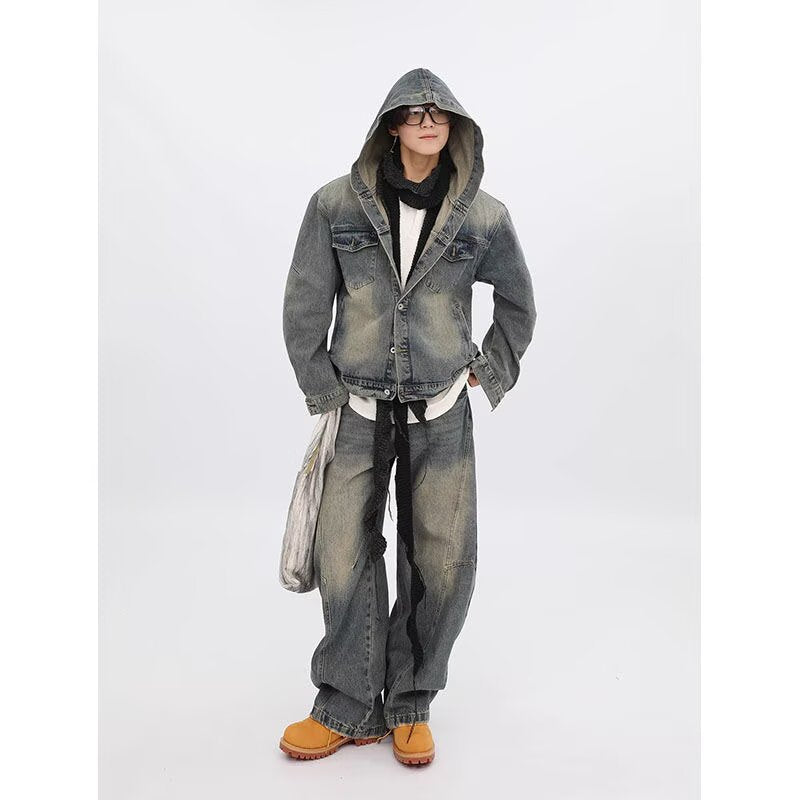 Retro Washed Distressed Deconstructed Hooded Denim Jacket for Teens