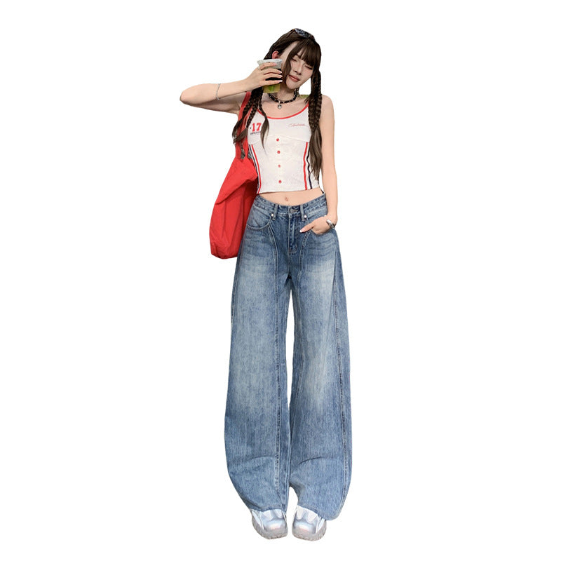 Women's Wide-Leg Floor-Length Denim Pants - Retro Blue