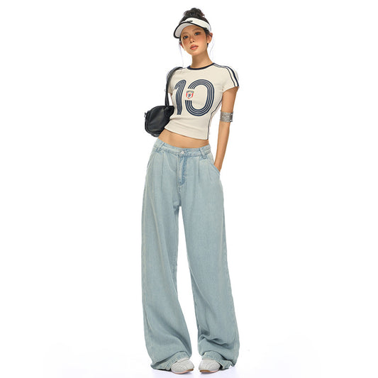 Women's Black Denim Pants - Thin Straight Leg Slimming Silk Cool Wide Leg Pants