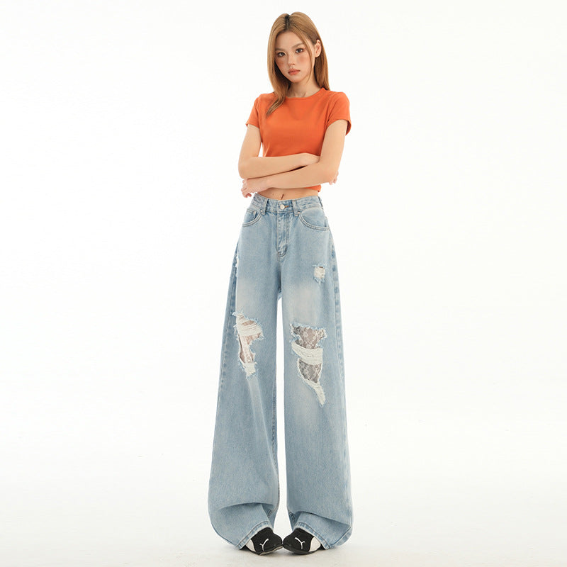 Light Wash Distressed Denim Pants for Women with Lace Splicing - Loose Fit Style, Straight Leg, Wide Leg Trousers