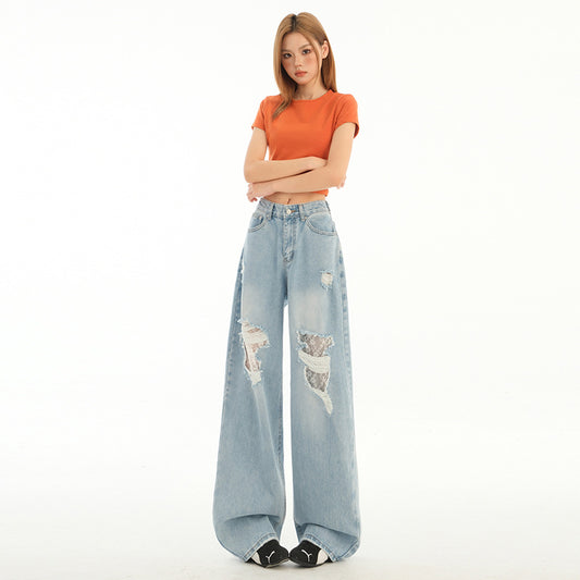 Light Wash Distressed Denim Pants for Women with Lace Splicing - Loose Fit Style, Straight Leg, Wide Leg Trousers
