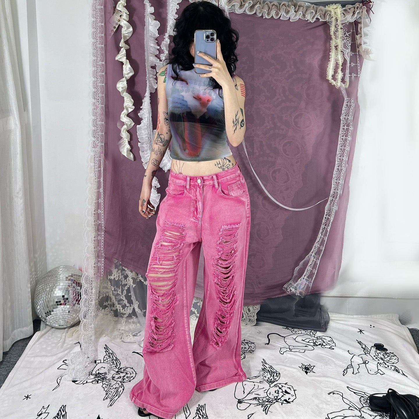 Perforated Hollowed Out Low Waisted Jeans for Women