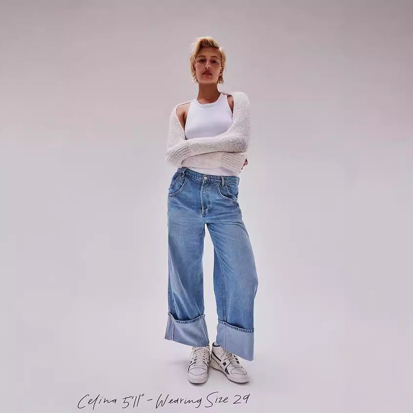 Washed Mid Waist Rolled Edge Loose Jeans