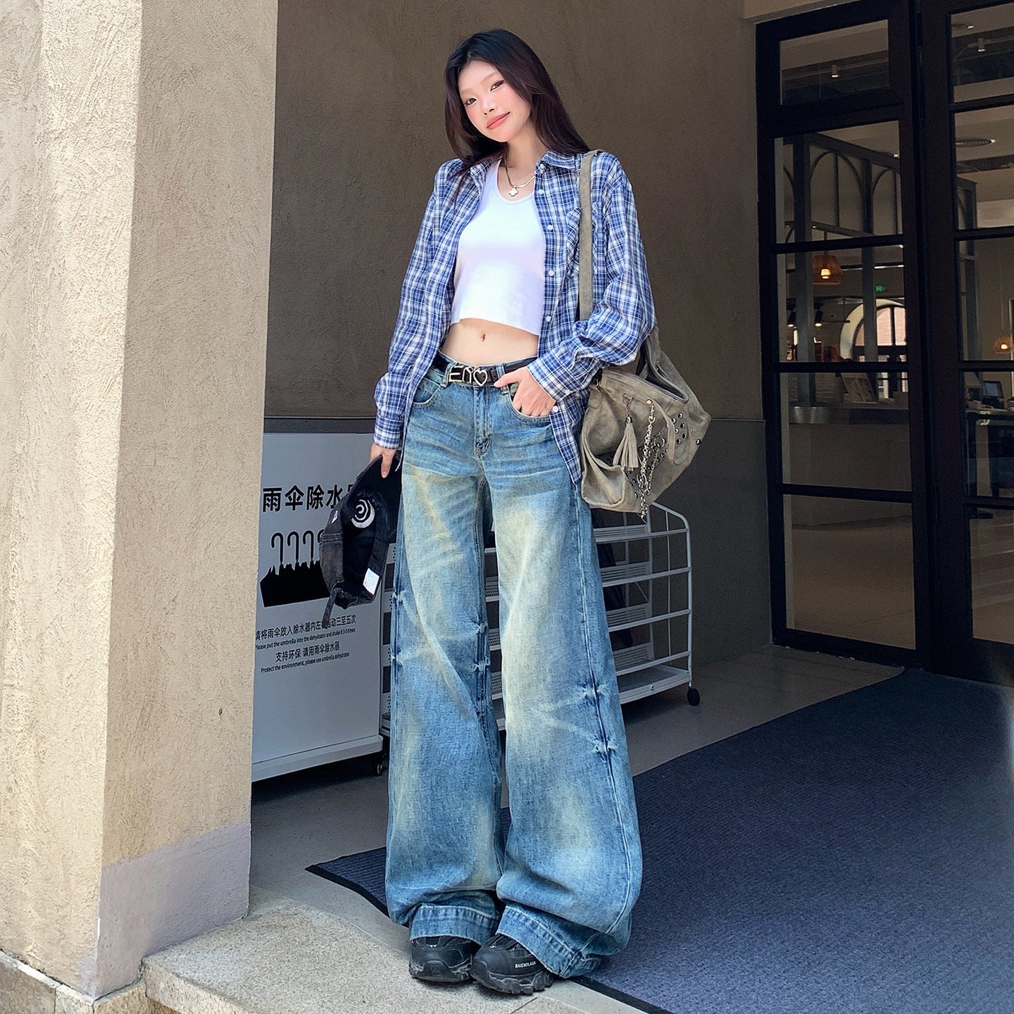 Retro Washed Denim Pants for Women - Loose Fit High Waist Anti-Wrinkle Slim Wide Leg Long Pants