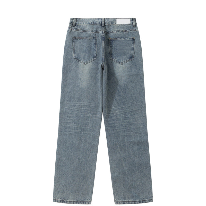 Street Style Basic Versatile Blue Jeans for Men - Loose Straight Wide Leg Washed Casual Pants