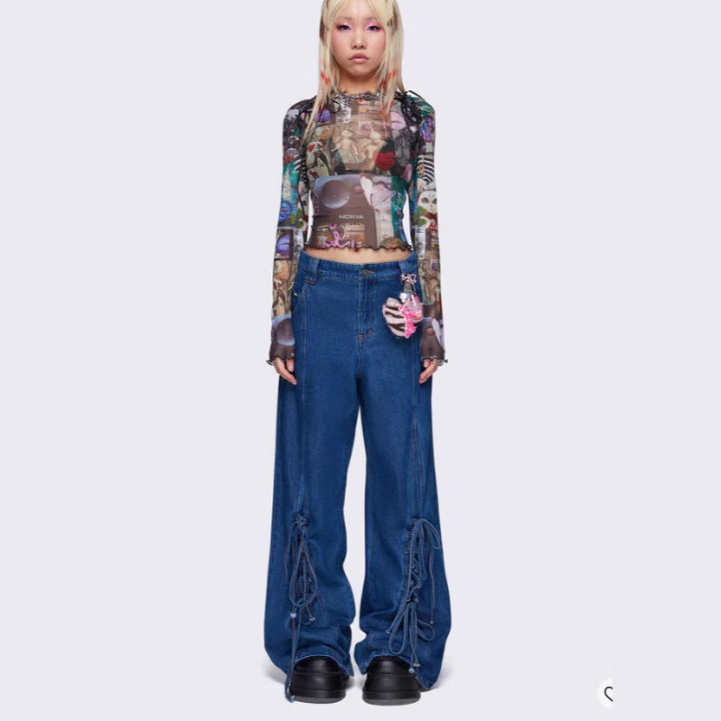 Premium Japanese Denim Wide Leg Pants with Lace-Up Detail