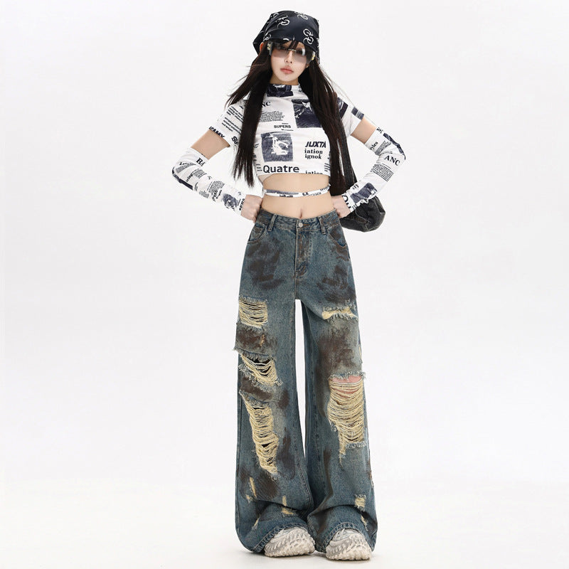 Street Distressed Graffiti Denim Pants for Women - Loose High Waist Wide Leg Trousers