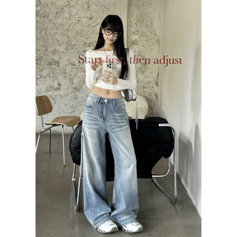 Light Blue Denim Pants Women - Water Washed Wide Leg Loose Straight Trousers