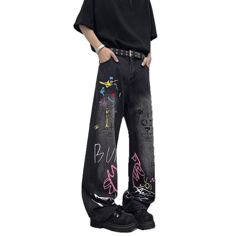 Graffiti Denim Casual Wide Leg Pants