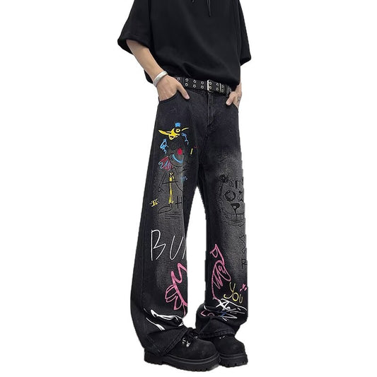 Graffiti Denim Casual Wide Leg Pants